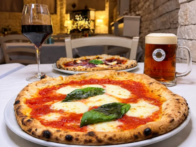 Pizza Margherita del Theorema Ristorante Pizzeria a Pero, con pomodoro, mozzarella e basilico fresco, accompagnata da una seconda pizza, un calice di vino rosso e un boccale di birra.