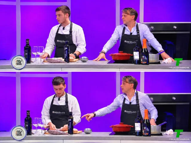Roberto Monti e lo chef Andrea Bergomi durante la trasmissione Parla come mangi su Telelombardia, con i grembiuli del Ristorante Ossobuco.