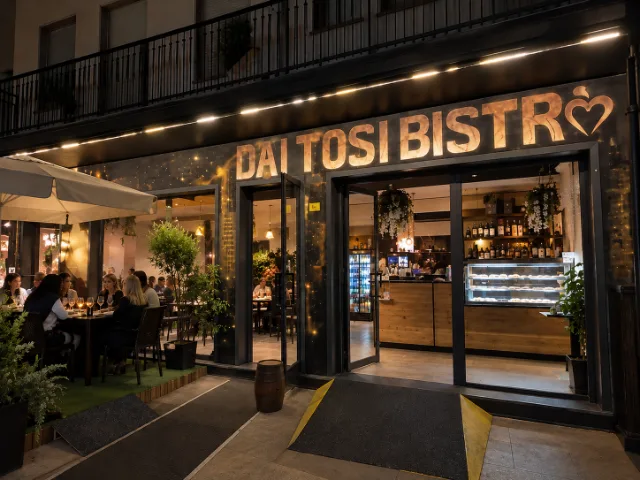 Vista esterna serale di Dai Tosi Bistrò, con insegna illuminata, ingresso del locale, tavoli all'aperto e ospiti che cenano in un'atmosfera accogliente.