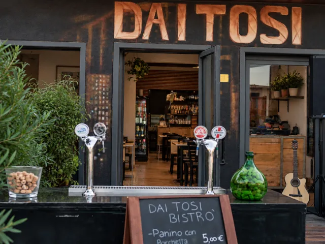 Ingresso del Dai Tosi Bistrò con insegna, bancone delle birre alla spina, piante ornamentali e ambienti interni visibili, in un'atmosfera accogliente e caratteristica.