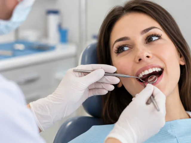 Dentista durante un controllo odontoiatrico su una paziente, utilizzando uno specchietto dentale e strumenti professionali.