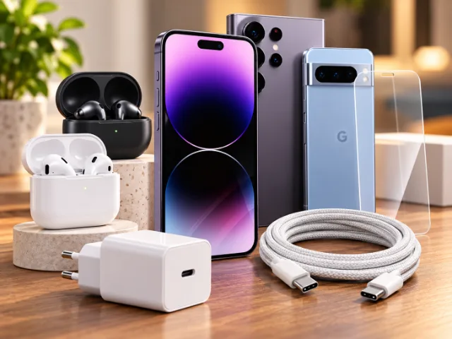 Έκθεση smartphone σε διάφορα μοντέλα και χρώματα, δίπλα σε ασύρματα ακουστικά, φορτιστές, καλώδιο USB-C και προστατευτικό οθόνης.