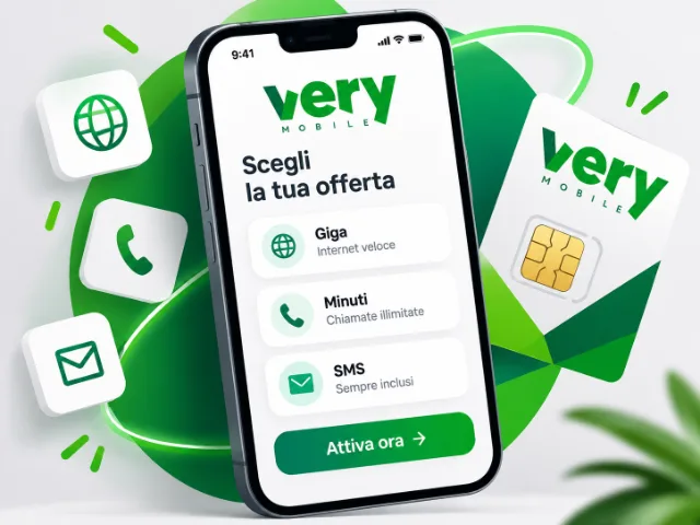 Smartphone με προωθητική οθόνη της Very Mobile αφιερωμένη στις προσφορές τηλεφωνίας, δίπλα σε μια κάρτα SIM και εικονίδια που αναπαριστούν GB δεδομένων, κλήσεις και SMS.