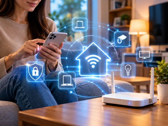Γυναίκα με smartphone δίπλα σε δρομολογητή Wi‑Fi, με ψηφιακά εικονίδια που απεικονίζουν το οικιακό δίκτυο και τις συνδεδεμένες συσκευές.