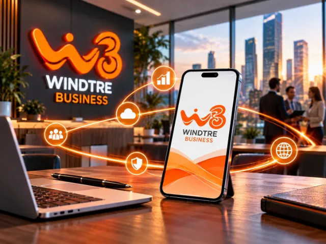 Smartphone WINDTRE Business σε σύγχρονο γραφείο, με εικονίδια για ψηφιακές υπηρεσίες επιχειρήσεων.