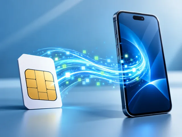 Κάρτα SIM συνδεδεμένη με ένα smartphone μέσω μπλε φωτεινών γραμμών, που αναπαριστούν τη μεταφορά δεδομένων και τη σύνδεση κινητής τηλεφωνίας.