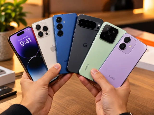 Χέρια ενός ατόμου που παρουσιάζουν έξι smartphone διαφορετικών εμπορικών σημάτων, μοντέλων και χρωμάτων, μεταξύ των οποίων Apple, Samsung, Google Pixel, Xiaomi και OPPO, με διαφορετικές κάμερες και σχεδιασμό.