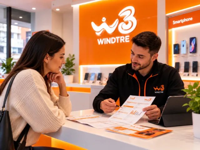 Σύμβουλος της WINDTRE παρουσιάζει σε πελάτισσα τις προσφορές ηλεκτρικής ενέργειας και φυσικού αερίου, καθώς και τις διαδικασίες αλλαγής παρόχου, στο πλαίσιο εξατομικευμένης συμβουλευτικής στο κατάστημα.