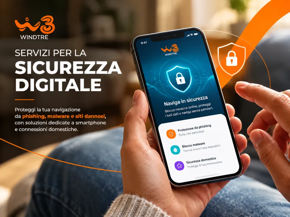 Smartphone με οθόνη αφιερωμένη στην ψηφιακή ασφάλεια WINDTRE, με σύμβολο προστασίας και λειτουργίες κατά του phishing, του κακόβουλου λογισμικού και των επικίνδυνων ιστότοπων.