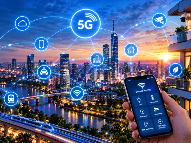 Λευκός δρομολογητής Wi-Fi πάνω σε τραπέζι σε ένα μοντέρνο καθιστικό, με smartphone, φορητό υπολογιστή και τηλεόραση συνδεδεμένα μέσω φωτεινών μπλε γραμμών που αναπαριστούν τη σύνδεση στο οικιακό Internet.