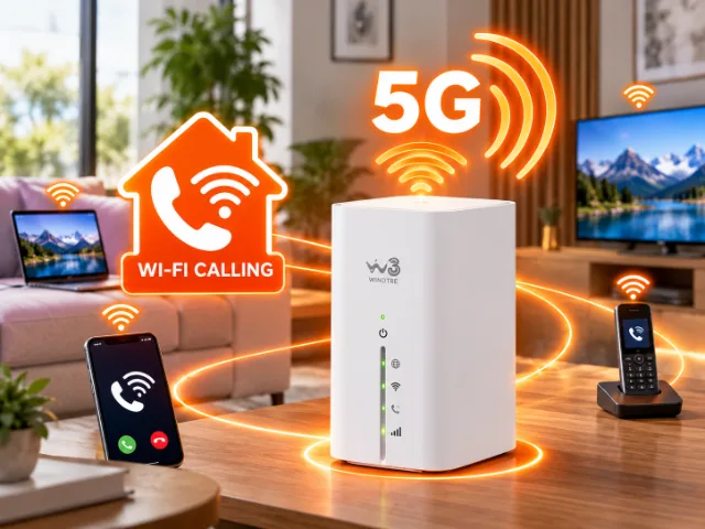Router WINDTRE 5G μέσα σε ένα μοντέρνο σαλόνι, με smartphone, υπολογιστή και τηλεόραση συνδεδεμένα μέσω πορτοκαλί φωτεινών σημάτων. Ξεχωρίζει η λειτουργία Wi-Fi Calling για την πραγματοποίηση κλήσεων μέσω δικτύου Wi-Fi.