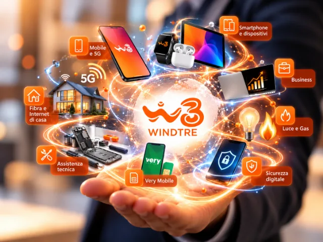 Servizi WINDTRE Busto Arsizio rappresentati da dispositivi e icone digitali per telefonia, fibra, Very Mobile, assistenza tecnica, Business, Luce e Gas e sicurezza digitale.