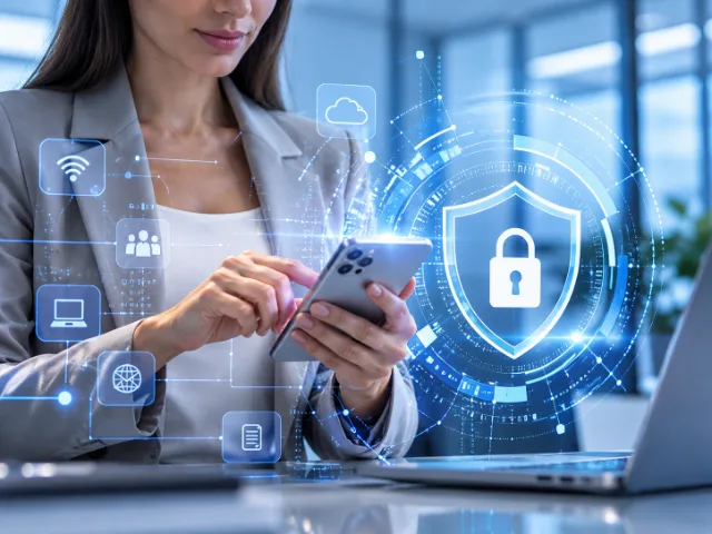 Γυναίκα με smartphone σε γραφείο και ψηφιακά εικονίδια που αντιπροσωπεύουν την κυβερνοασφάλεια και την προστασία δεδομένων.