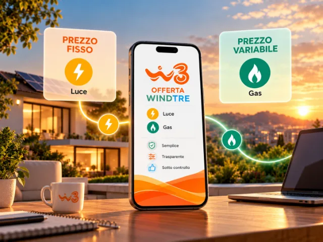 Smartphone με προσφορές WINDTRE για ρεύμα και φυσικό αέριο, δίπλα σε εικονίδια για σταθερή και κυμαινόμενη τιμή, με φόντο μια μοντέρνα κατοικία στο ηλιοβασίλεμα.