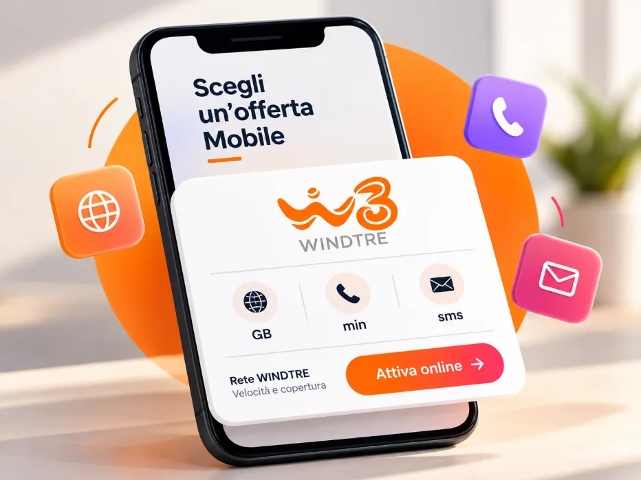 Smartphone με οθόνη αφιερωμένη στις προσφορές WINDTRE Mobile, συνοδευόμενο από ενημερωτική κάρτα με το λογότυπο WINDTRE, εικονίδια για GB, λεπτά ομιλίας και SMS, καθώς και κουμπί online ενεργοποίησης.