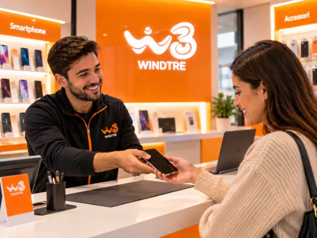 Υπάλληλος της WINDTRE παραδίδει ένα smartphone σε πελάτισσα μετά την επισκευή του, μέσα στο κατάστημα.