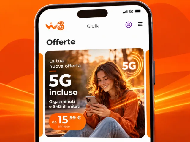 Smartphone με διαφημιστική οθόνη της WINDTRE αφιερωμένη στις προσφορές κινητής 5G, με μια κοπέλα που χρησιμοποιεί το τηλέφωνο και πληροφορίες για τα Giga, τα λεπτά ομιλίας και τα SMS που περιλαμβάνονται.