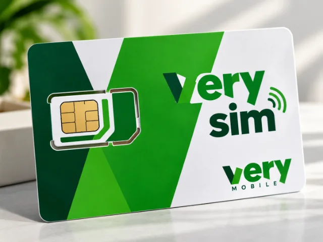 Κάρτα SIM Very Mobile με χρυσό chip, λευκή και πράσινη συσκευασία και ευδιάκριτο το λογότυπο της εταιρείας.
