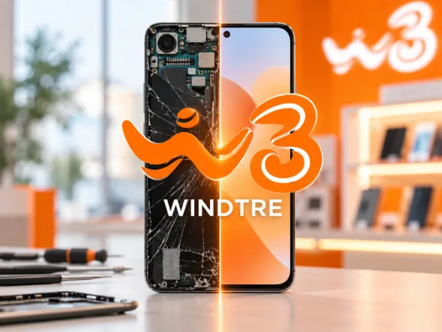 Smartphone χωρισμένο σε ένα κατεστραμμένο τμήμα με ορατά εσωτερικά εξαρτήματα και ένα άθικτο τμήμα, με το λογότυπο της WINDTRE σε πρώτο πλάνο, που αναπαριστά την υποστήριξη και επισκευή συσκευών.