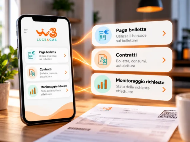 Smartphone con interfaccia WINDTRE Luce & Gas che mostra le funzionalità di pagamento delle bollette, gestione dei contratti e monitoraggio delle richieste, affiancato da schede informative digitali.