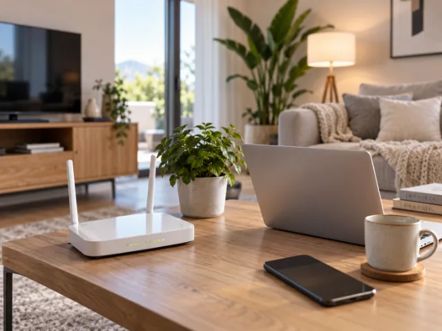 Router Wi-Fi bianco con antenne posizionato su un tavolino in un soggiorno moderno e luminoso, accanto a un computer portatile e uno smartphone.