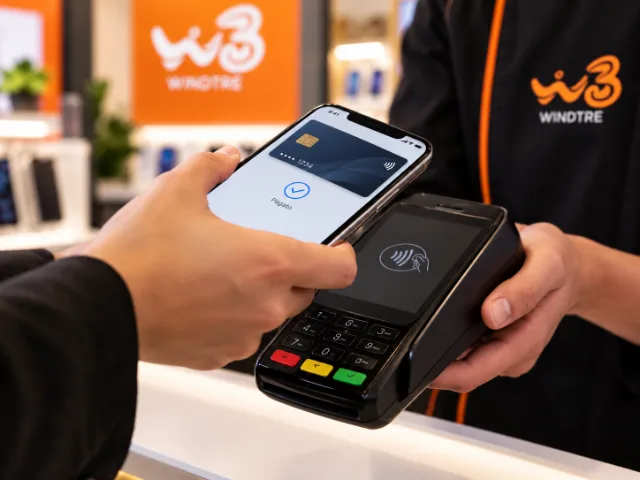 Cliente effettua un pagamento contactless con smartphone tramite POS, assistito da un addetto all'interno di un punto vendita WINDTRE.