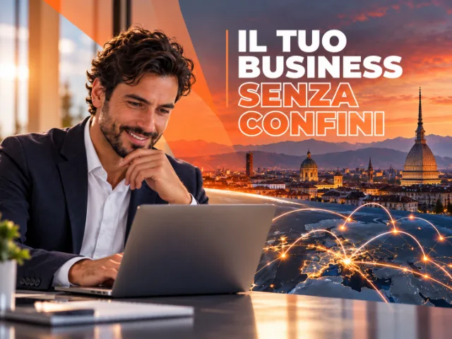 Professionista al computer con panorama di Torino al tramonto, globo digitale e collegamenti luminosi che rappresentano la connettività internazionale per le aziende.