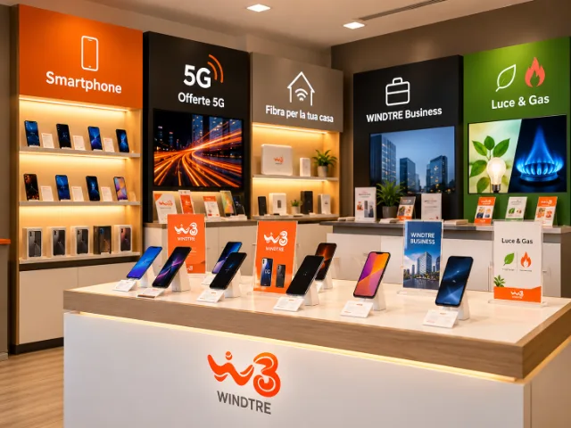Esposizione di smartphone e servizi WINDTRE all'interno di un negozio, con aree dedicate alle offerte 5G, alla fibra per la casa, alle soluzioni Business e a Luce & Gas.