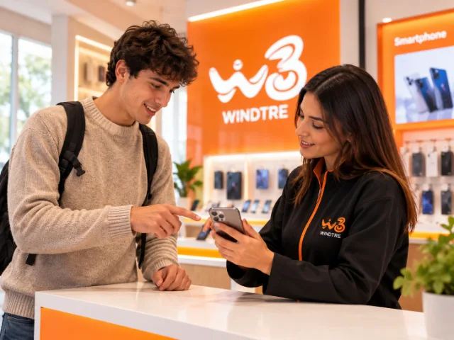Addetta WINDTRE assiste un cliente nella verifica delle funzionalità di uno smartphone all’interno del punto vendita, offrendo supporto per dispositivi e servizi digitali.