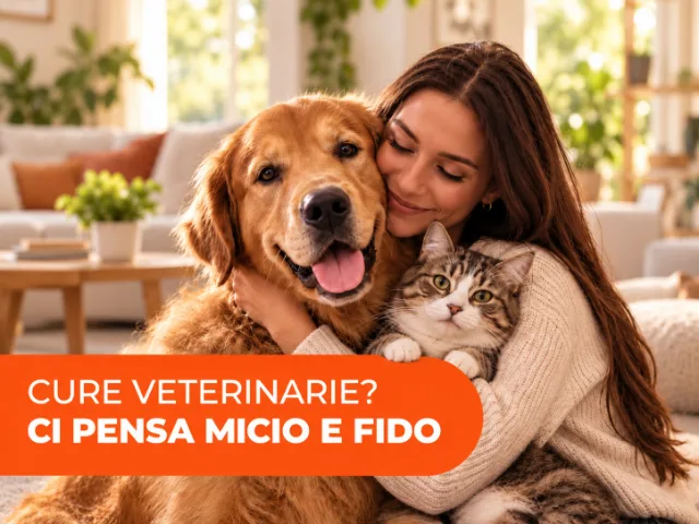 Donna abbraccia un cane Golden Retriever e un gatto in un ambiente domestico accogliente, con messaggio promozionale sulla polizza veterinaria Micio e Fido.