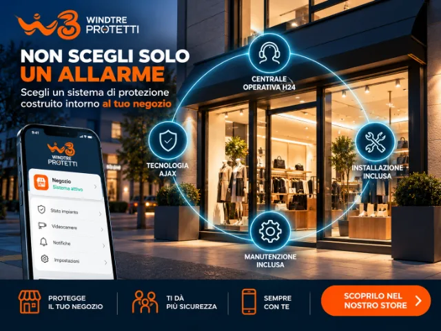 Sistema di allarme WINDTRE Protetti per negozi e attività commerciali, con controllo tramite smartphone, tecnologia Ajax, centrale operativa H24, installazione e manutenzione incluse.