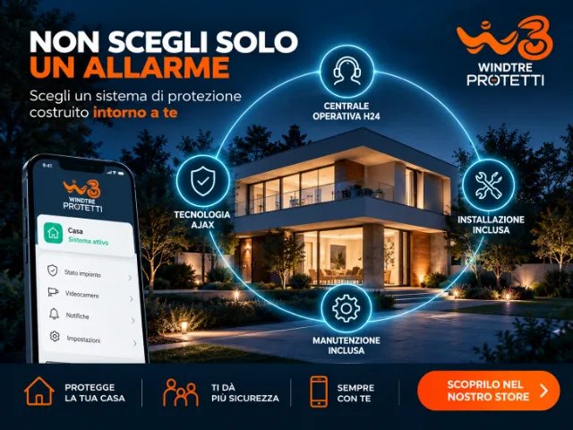 Sistema di allarme WINDTRE Protetti per la sicurezza domestica, con abitazione moderna, controllo tramite smartphone, centrale operativa H24, tecnologia Ajax, installazione e manutenzione incluse.