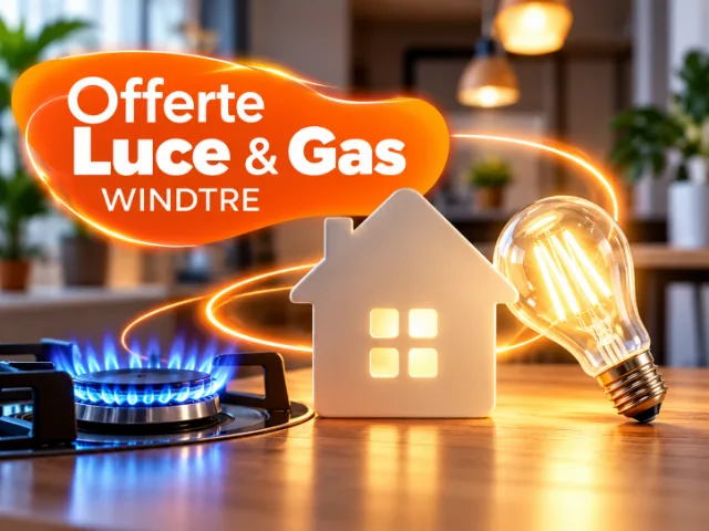 Casa stilizzata illuminata, affiancata da un fornello a gas acceso e una lampadina luminosa, con elementi arancioni che richiamano le offerte luce e gas WINDTRE.