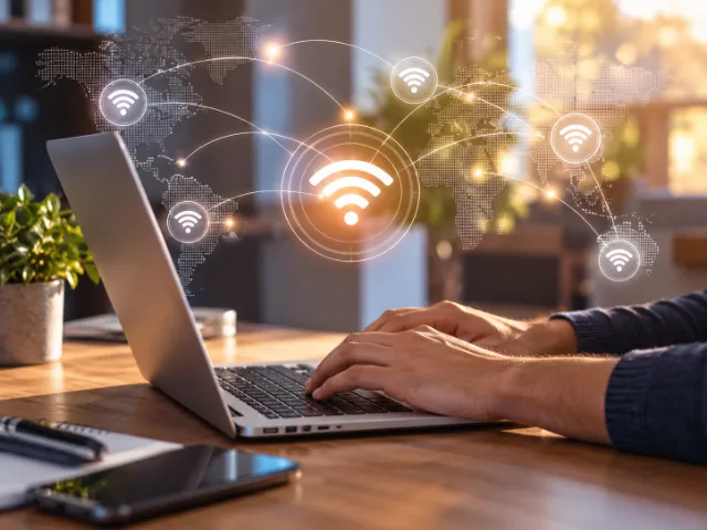 Mani di una persona che utilizza un computer portatile, con icone Wi-Fi e una mappa del mondo digitale che rappresentano la connettività Internet e le reti wireless.