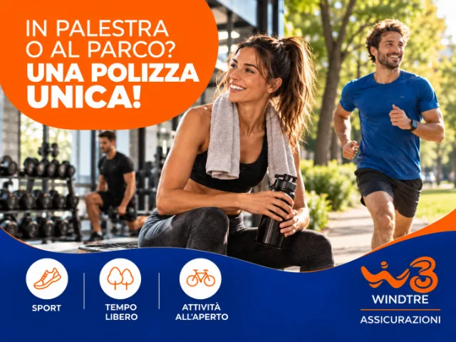 Donna in palestra e uomo che corre al parco, con grafica WINDTRE Assicurazioni dedicata alla protezione durante lo sport e le attività all’aperto.
