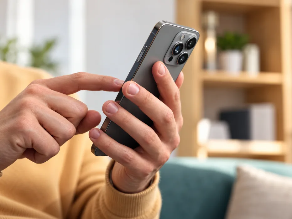 Primo piano delle mani di una persona mentre utilizza uno smartphone moderno con tripla fotocamera, in un ambiente domestico luminoso e accogliente.