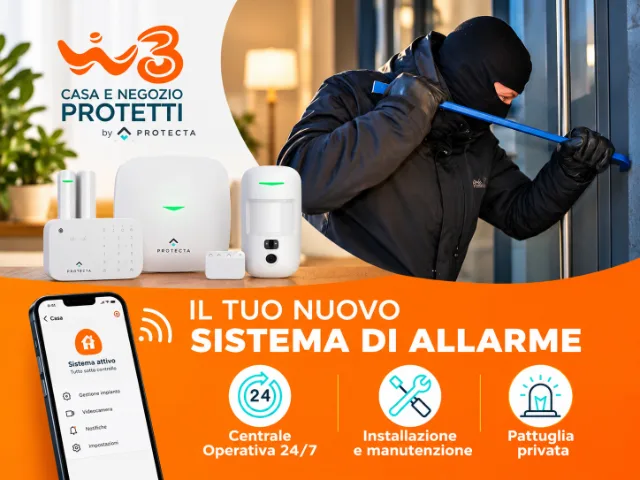Sistema di allarme WINDTRE Protecta per casa e negozio, con centralina, sensori, controllo tramite smartphone e servizi di sorveglianza 24/7, rappresentato accanto a un tentativo di intrusione.