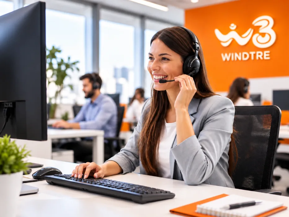 Operatrice del servizio clienti con cuffie e microfono mentre assiste un cliente dalla propria postazione, in un ufficio moderno e luminoso con il logo WINDTRE sulla parete arancione.