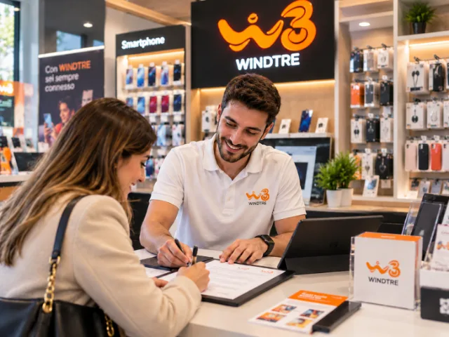 Consulente WINDTRE che assiste una cliente durante la firma di un contratto, all'interno di un negozio con espositori di smartphone e accessori per la telefonia.