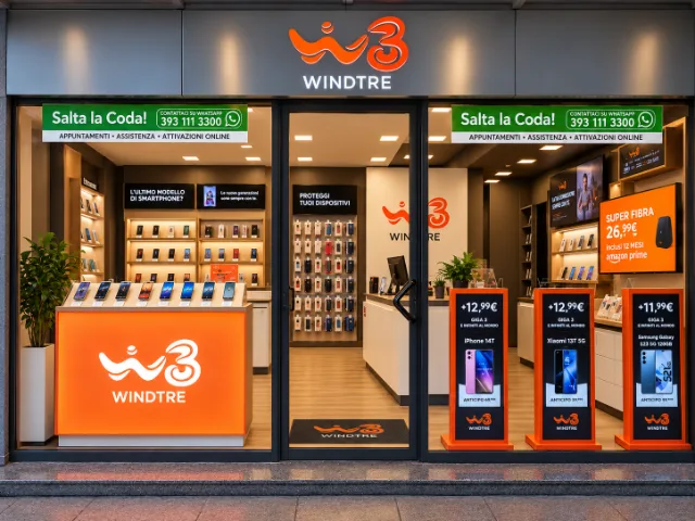 Vista frontale dell'ingresso del negozio WINDTRE con vetrine dedicate alle offerte di telefonia mobile, smartphone e fibra, espositori promozionali e ambienti interni illuminati.