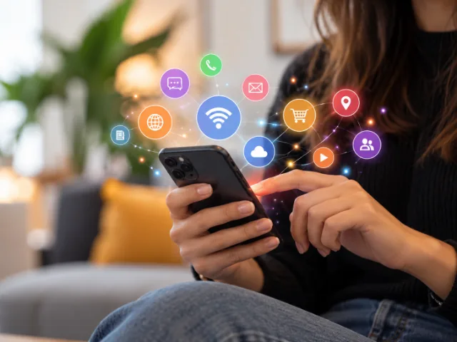 Persona che utilizza uno smartphone con icone digitali dedicate a Wi-Fi, comunicazioni, servizi online e applicazioni, collegate attraverso una rete virtuale.