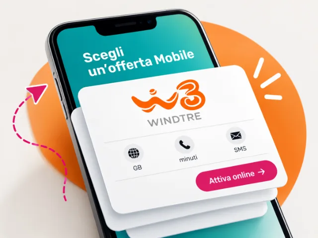 Smartphone con schermata dedicata alle offerte Mobile WINDTRE e scheda informativa con GB, minuti, SMS e pulsante per l'attivazione online.