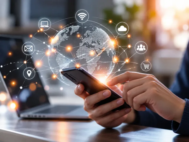 Mani che utilizzano uno smartphone davanti a un computer portatile, con un globo digitale e collegamenti luminosi che rappresentano la connettività Internet globale.
