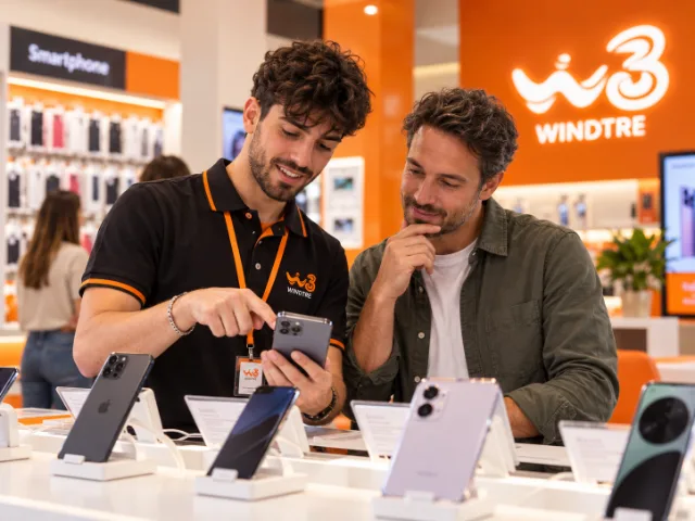 Consulente WINDTRE illustra le caratteristiche e le funzionalità di uno smartphone a un cliente all'interno del punto vendita, con diversi dispositivi esposti.