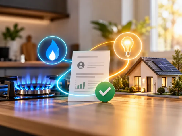 Fornello a gas acceso, documento relativo alle utenze domestiche con simbolo di conferma e abitazione con pannelli solari, collegati da elementi luminosi che rappresentano la gestione delle forniture di luce e gas.
