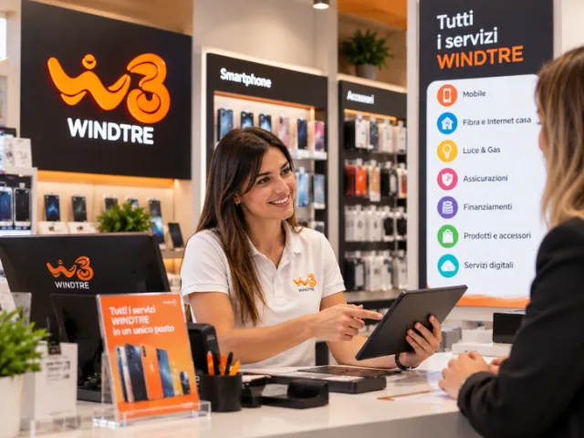 Cliente che firma un contratto presso un punto vendita WINDTRE, assistita da un consulente al bancone, con smartphone, accessori e materiali informativi sullo sfondo.