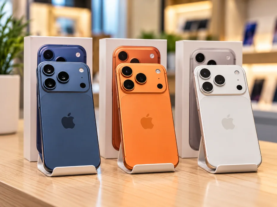 Tre smartphone nei colori blu, arancione e bianco esposti su supporti individuali con le rispettive confezioni, all’interno di un moderno negozio di telefonia.