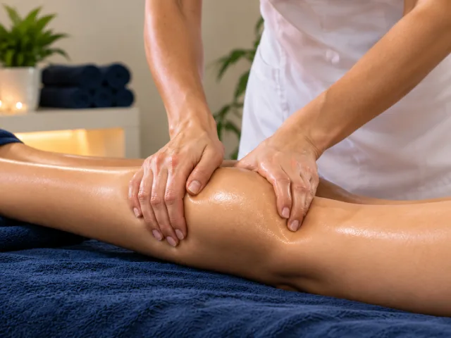 Modellierende Massage nach der Renata-França-Methode am Oberschenkel mit tiefen, gezielten Handgriffen.