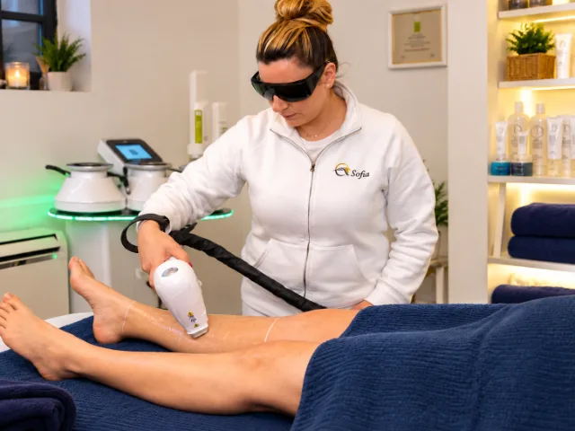 Sofia Beauty & Spa'de profesyonel başlık ve koruyucu gözlüklerle bacaklara diyot lazer epilasyon uygulaması.