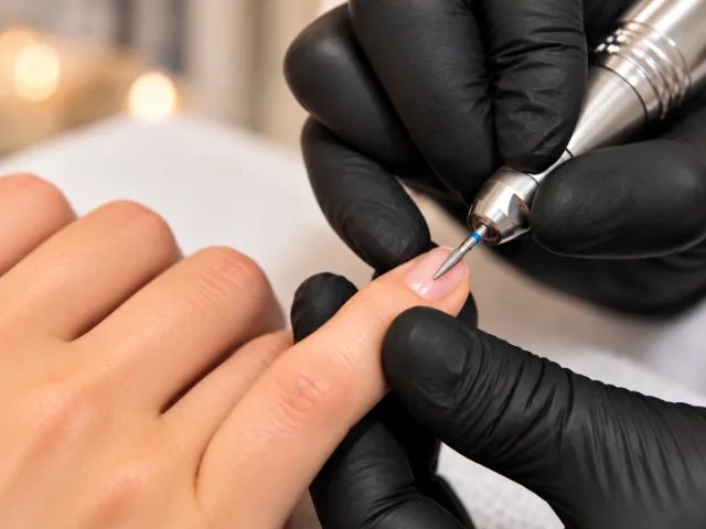 Professionelle Maniküre mit Pflege von Nägeln und Nagelhaut, durchgeführt mit Präzisionsinstrumenten.